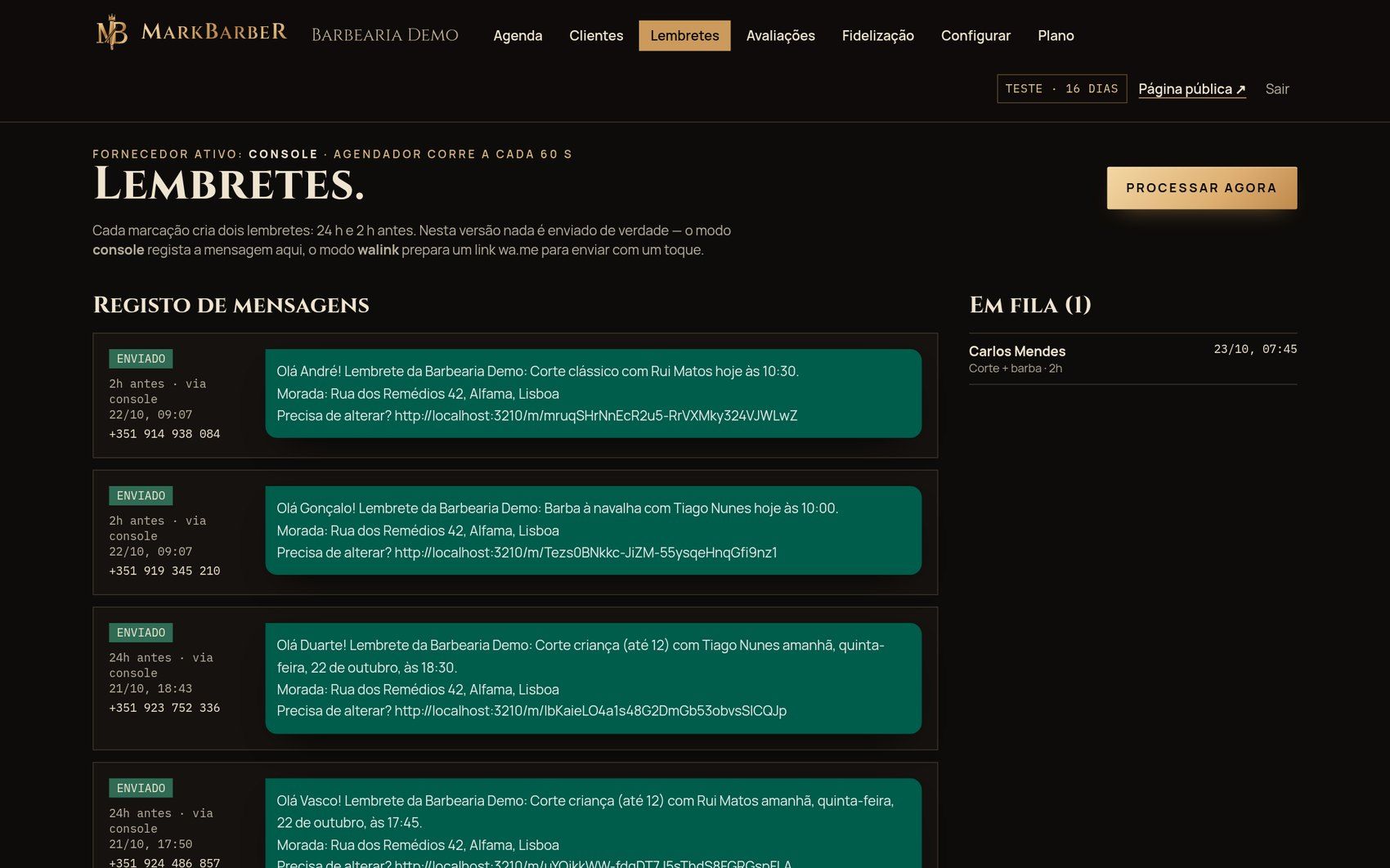 Registo de lembretes enviados 24 h e 2 h antes de cada marcação