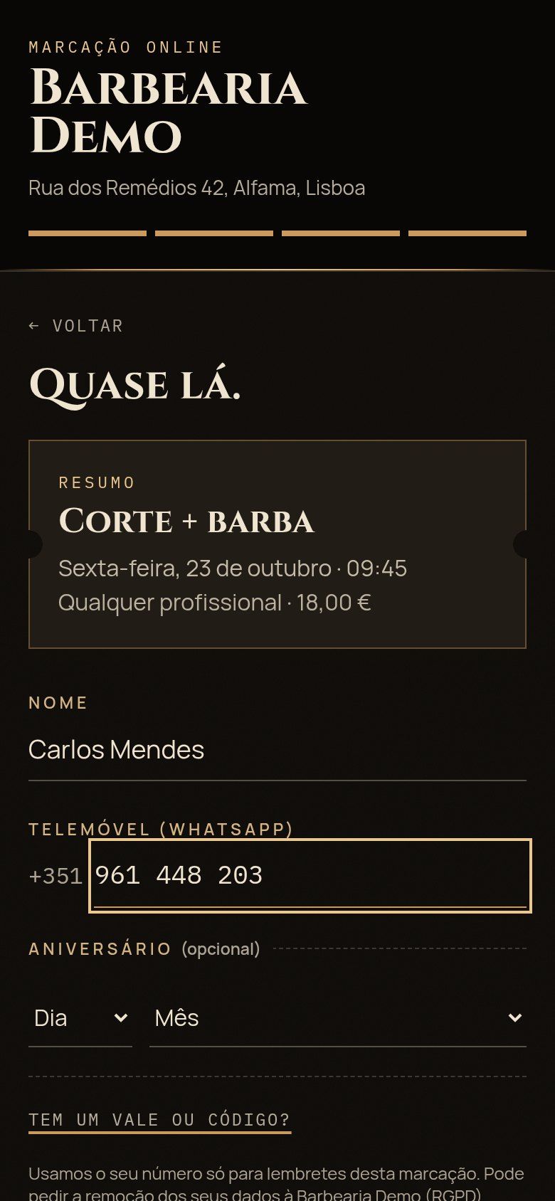 Passo 04 da marcação: nome e telemóvel