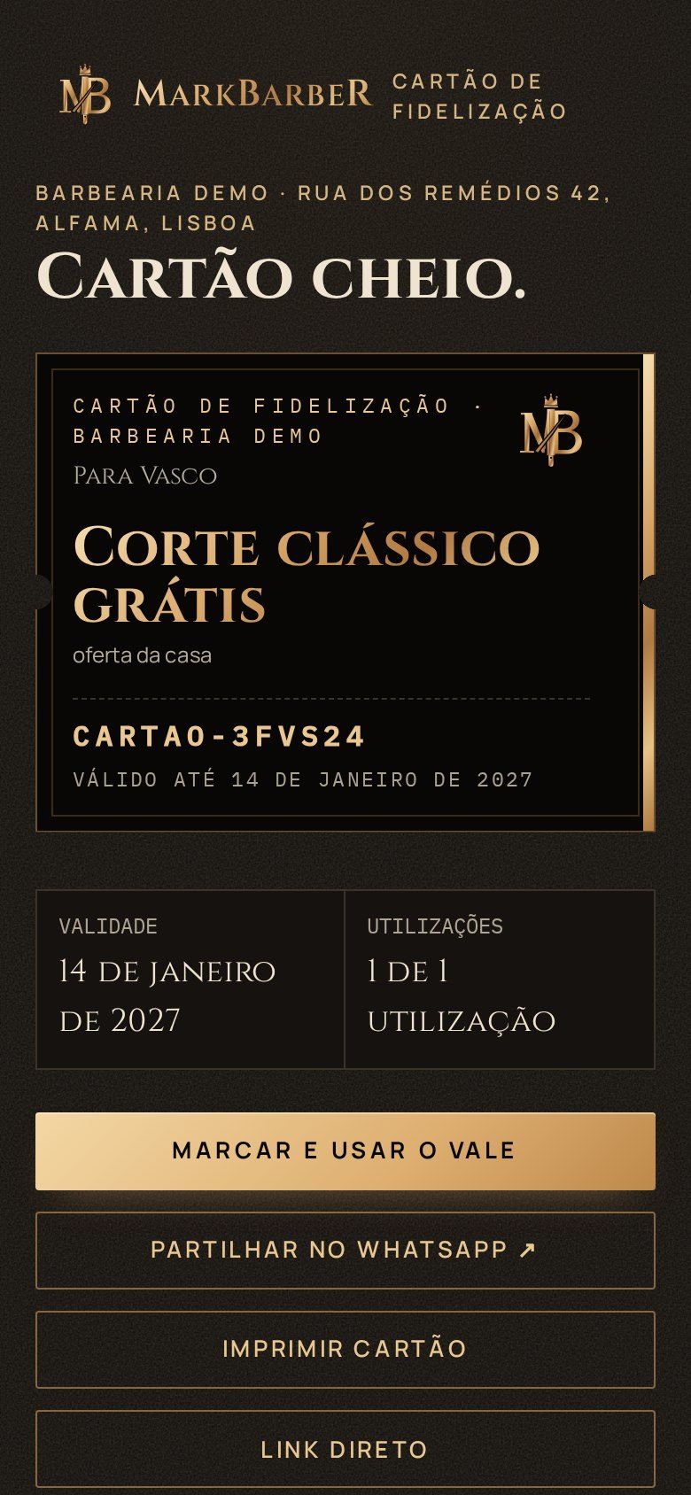 Vale no telemóvel do cliente, com código e validade